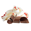 Red velvet flavor icon - dollop of cream with sprinkles of red next to chocolate curls